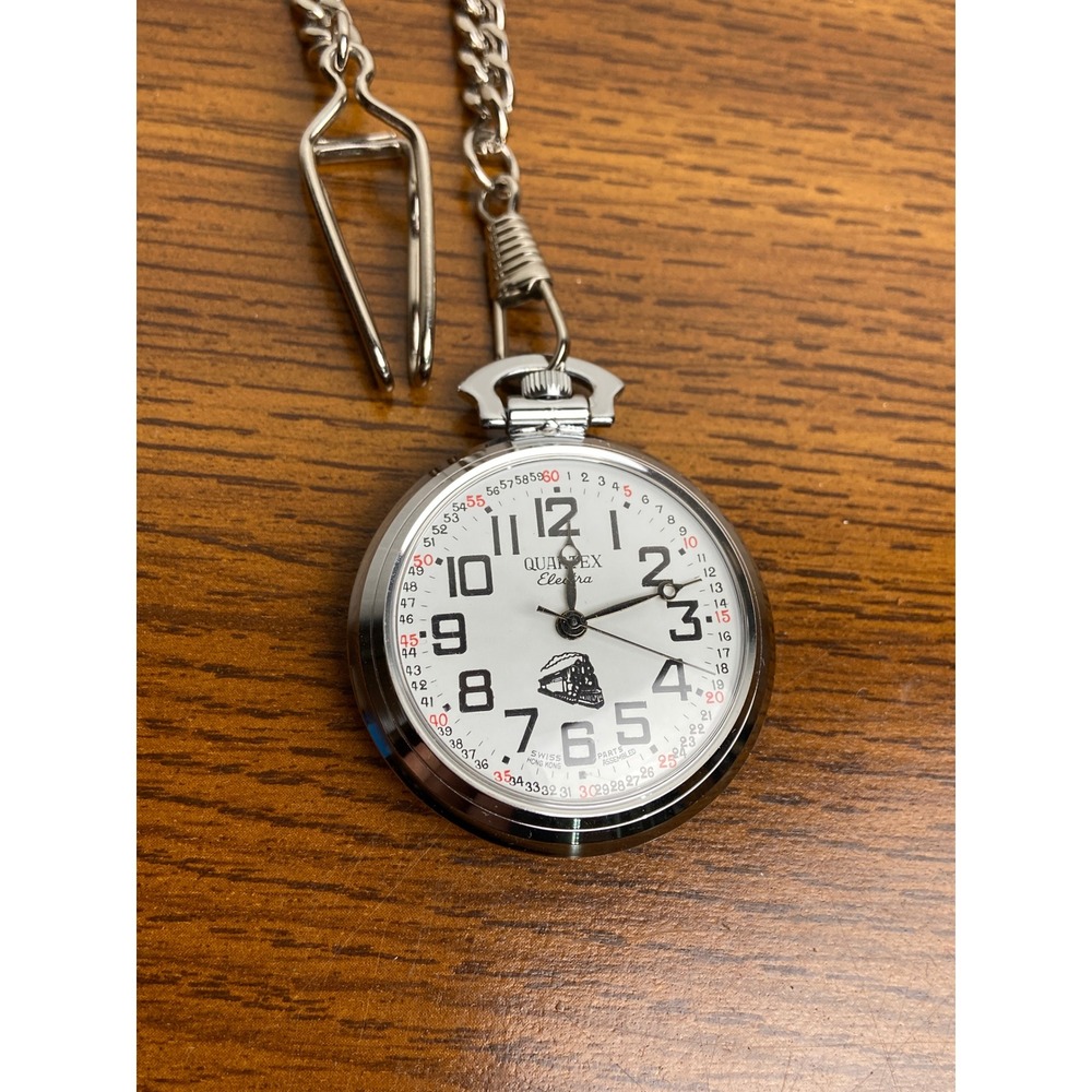 RARE Vintage Quartex Electra Wind up Train Pocket Watch Silver Tone Chain Swiss